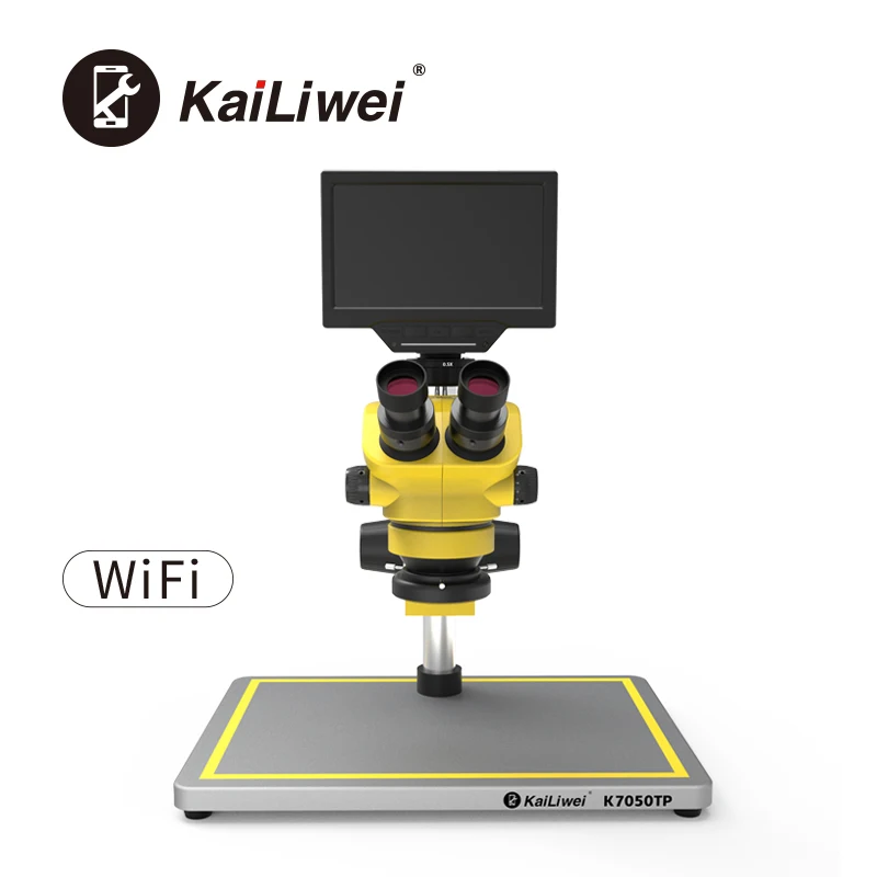 

Kailiwei Mobile Phone Repairing Objective 7-50x Trinocular Stereo Microscope Wifi 7inch monitor camera conjoined