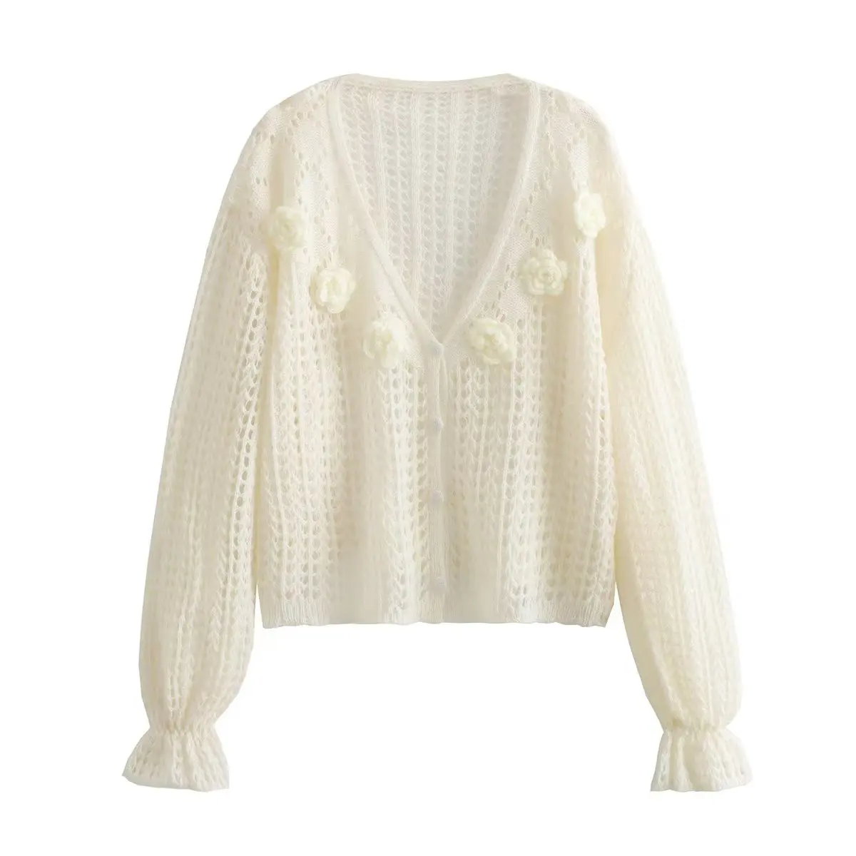

Beige Flower Cutout Knit Cardigan Women Fashion Long Sleeves V-neck Sweater Jersey Female Clothing 2023 New