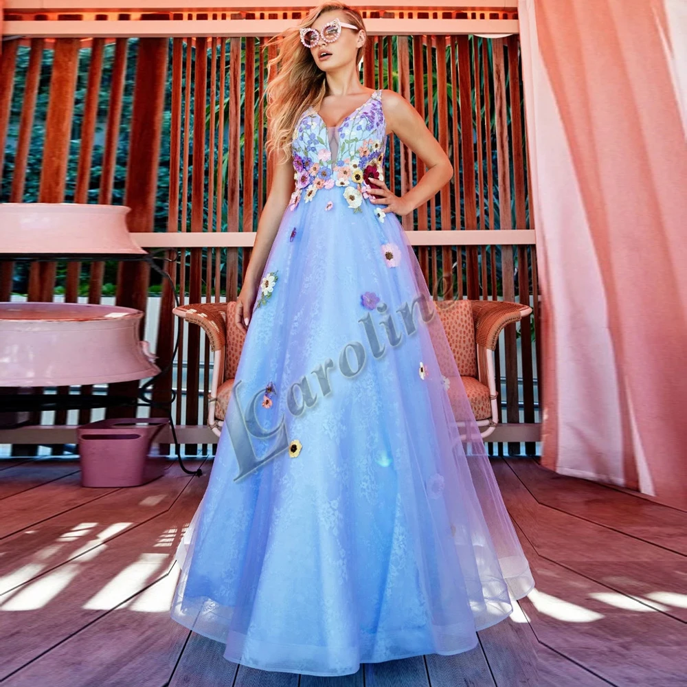 

Caroline Fancy Sleeveless Evening Gowns For Women Applqiues Lace Formal Proms A-Line Floor Length Made To Order Robes De Soirée