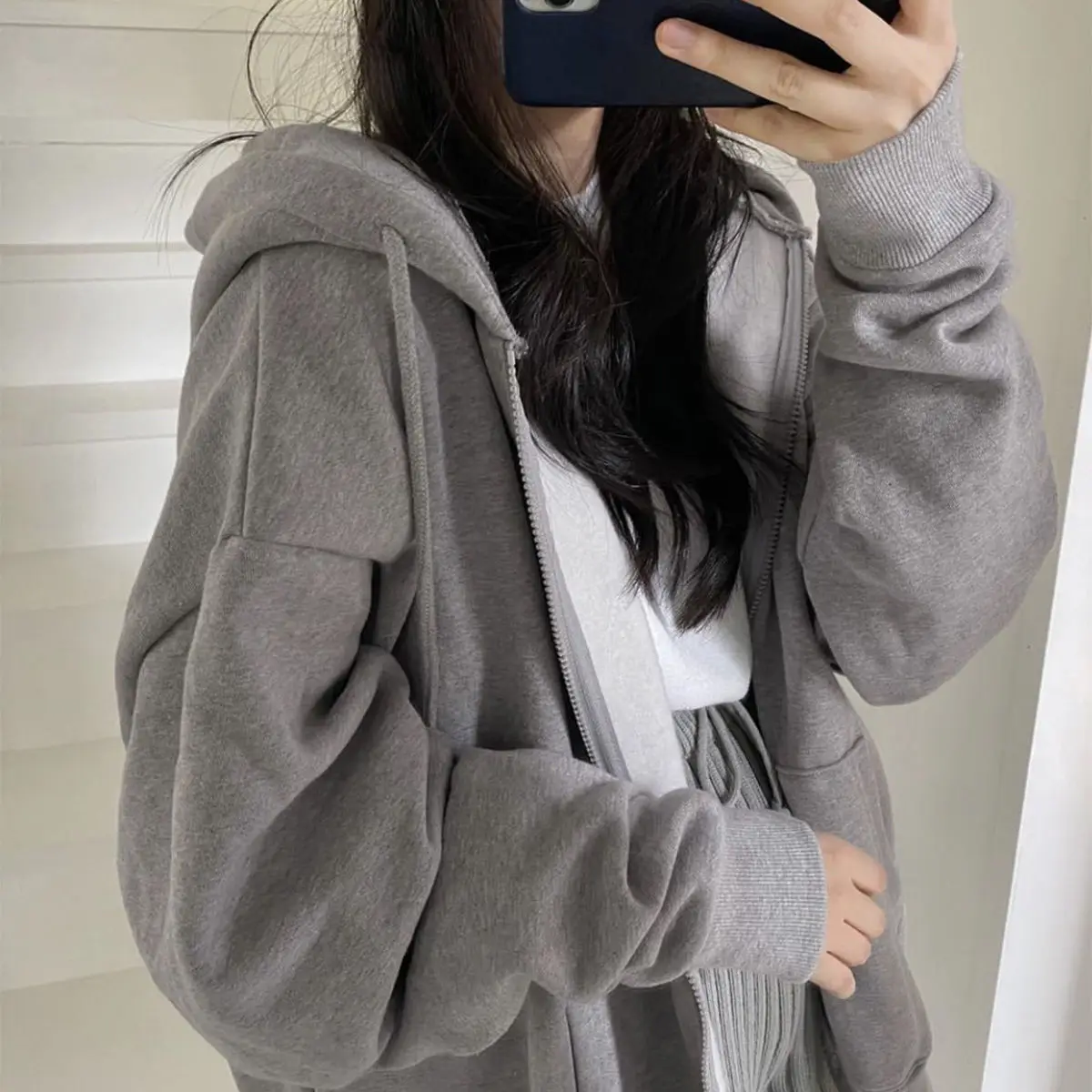 

Women Korean Style Hoodies Zip-up Harajuku Oversized Solid Pocket Hooded Sweatshirts Autumn Long Sleeve Loose Baseball Jacket