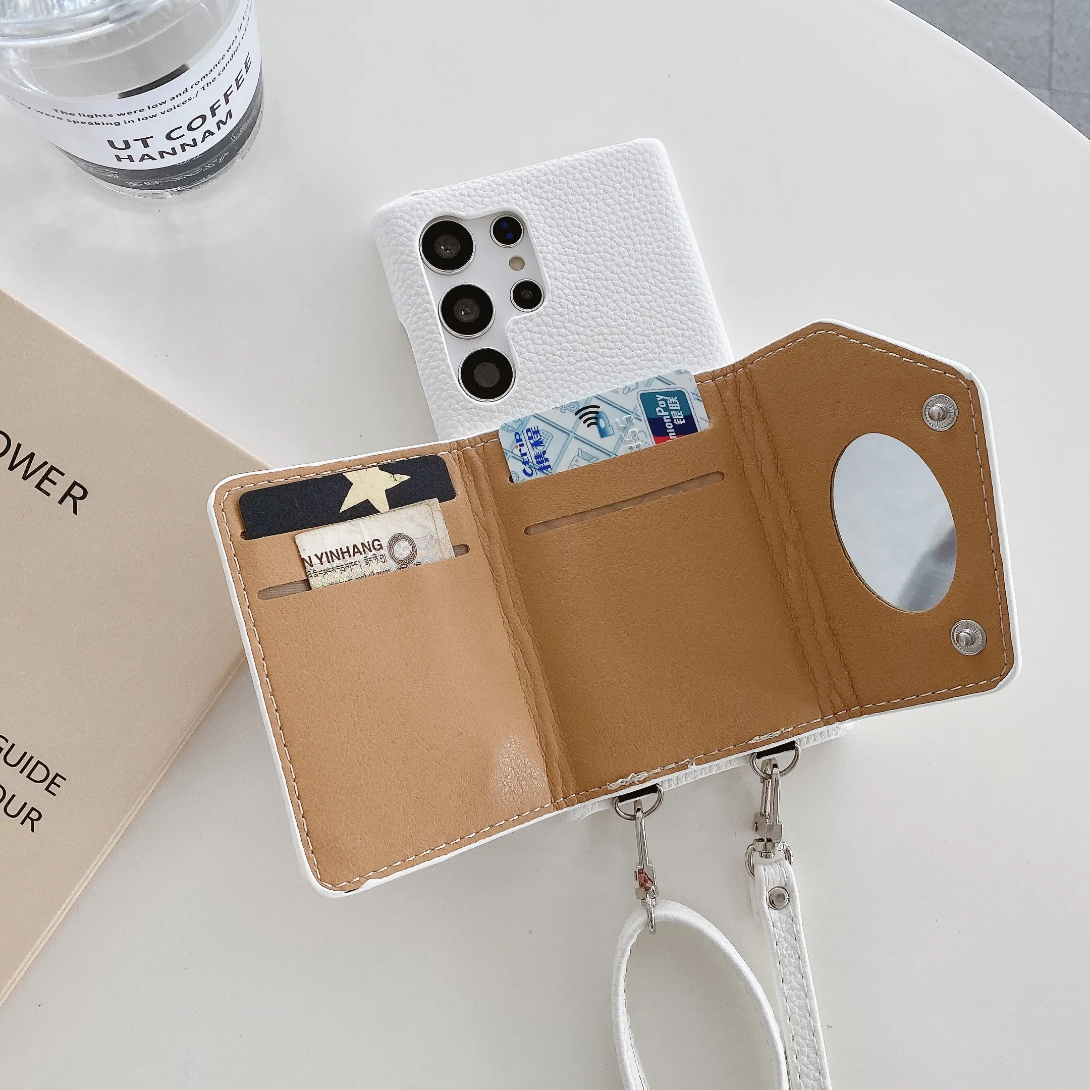 For Samsung S23 S23P S23U S22 S22P S22U S21P S21P S21U S21U S20 Built-in Make-up Mirror Flip Wallet Card Holder Cable Phone case