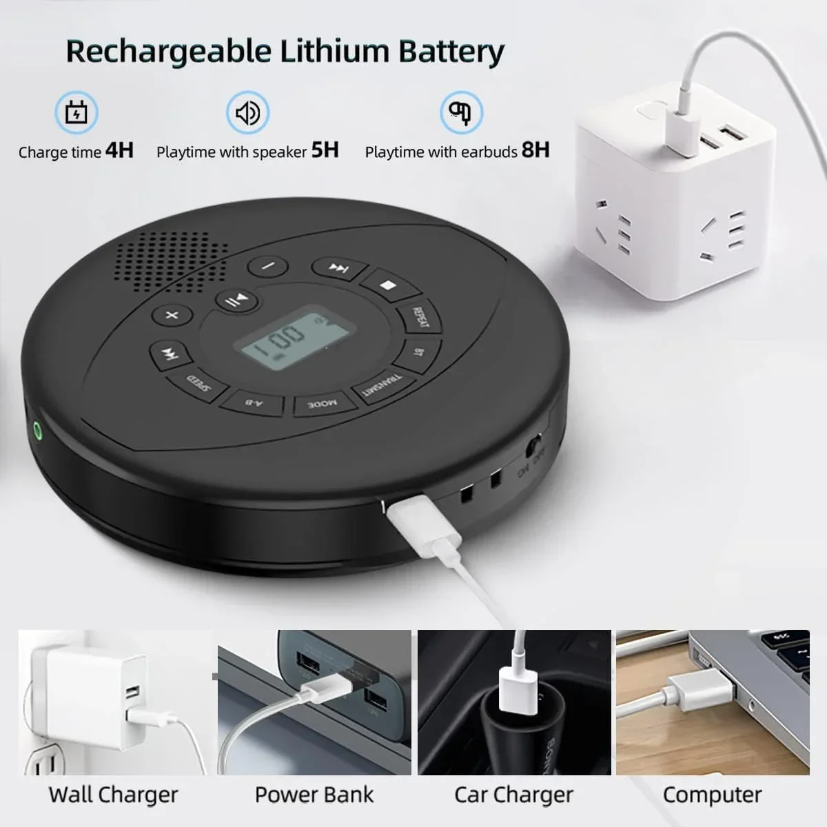Фото Цифровой CD-плеер HY с Bluetooth, портативный проигрыватель CD/Discman со встроенными динамиками, перезаряжаемый музыкальный проигрыватель с портами USB/AUX/для наушников №1
