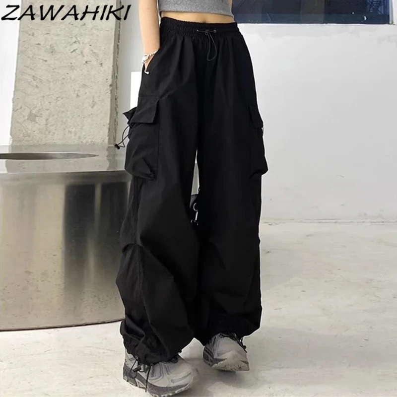 

Black Straight Wide Leg High Waist Summer American Cargo Pants Casual Lightweight Solid Color Multiple Pockets Loose Trousers