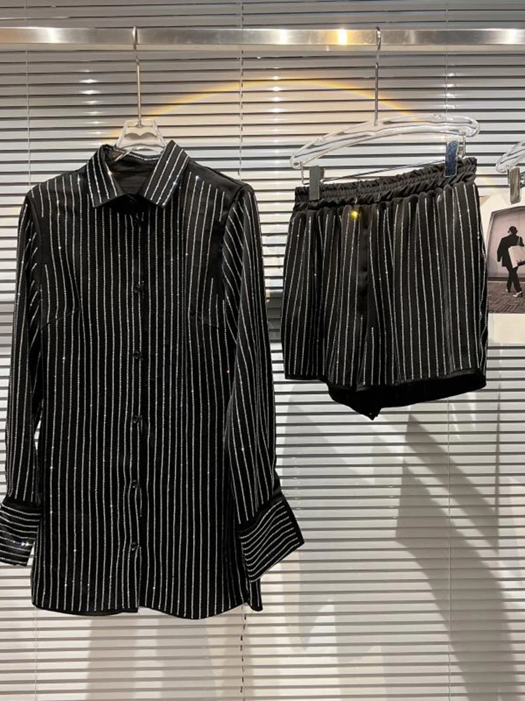 

HIGH QUALITY New 2022 summer Women's stripe Diamonds Beaded Shirt Shorts Suit