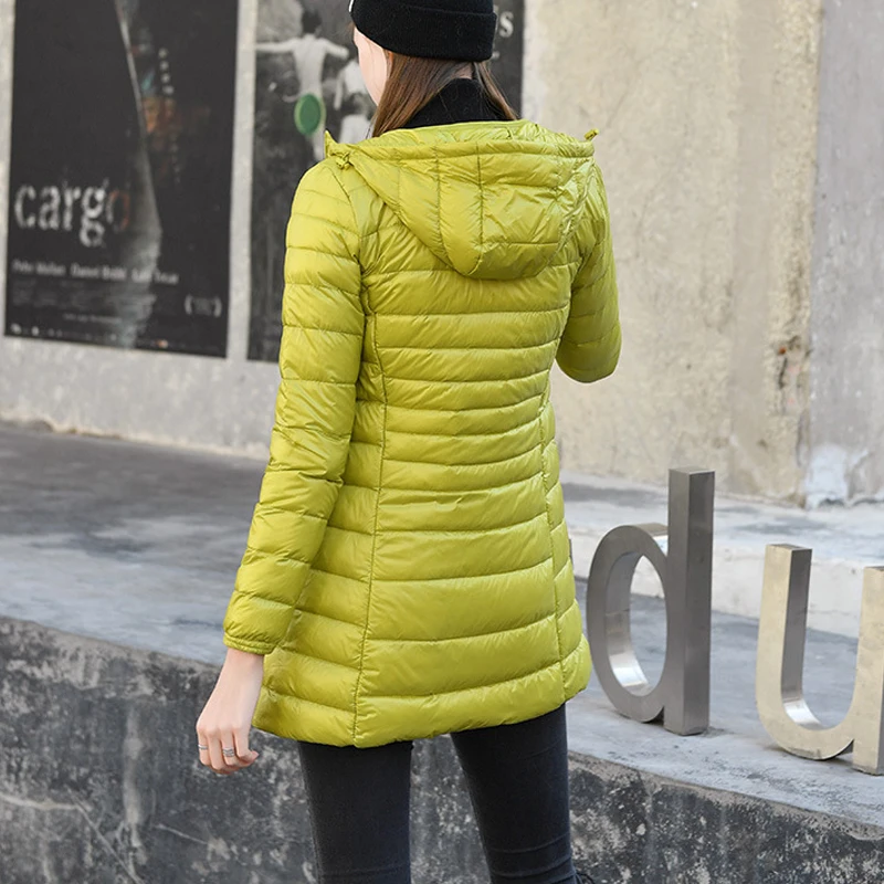 Women's Winter Warm Super Light White Duck Down Jacket Women Autumn Coat Casual Slim Long Hooded Duck Down Coat Women Outerwear