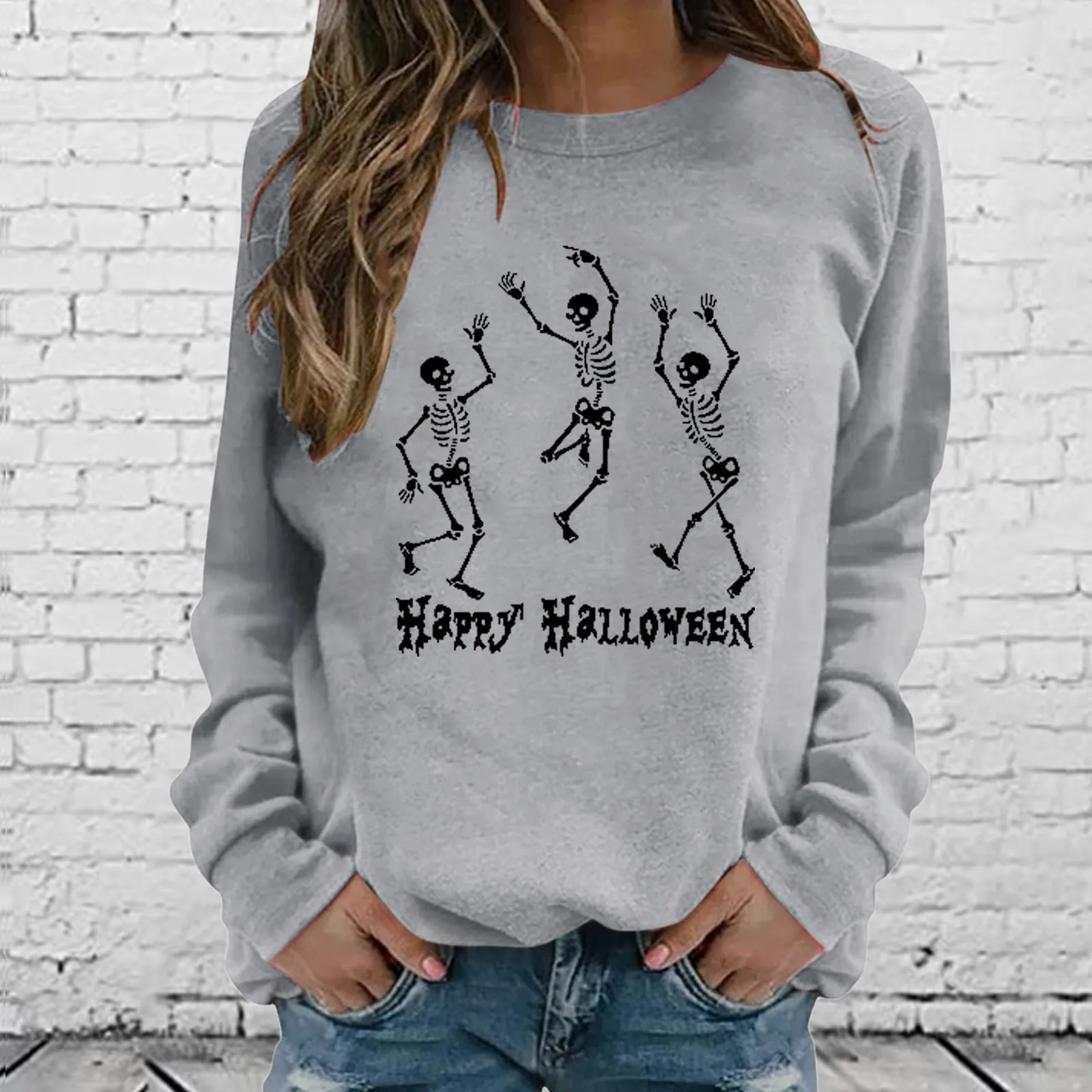 

Halloween Womens Casual Long Sleeve Crew Neck Skeleton Printed Hoodless Pullover Knit Sleeve Jumpsuits Women