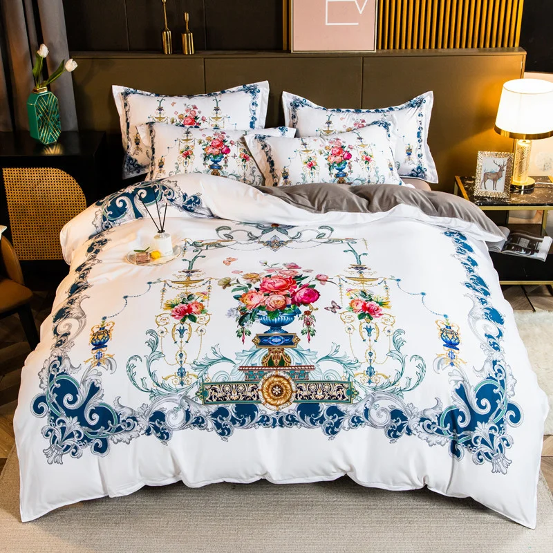 

Luxury Cotton Sanding Palace Flowers Printing Bedding Polyester Duvet Quilt Cover Bed Comforter Set Fitted Sheet