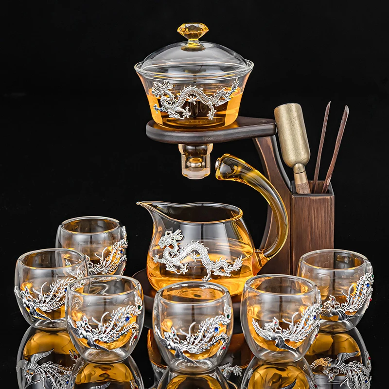 Set da tè in vetro argentato Set da tè automatico pigro supporto in legno massello con contenitore per strumenti Dragon Phoenix teiera magnetica brocca da tè