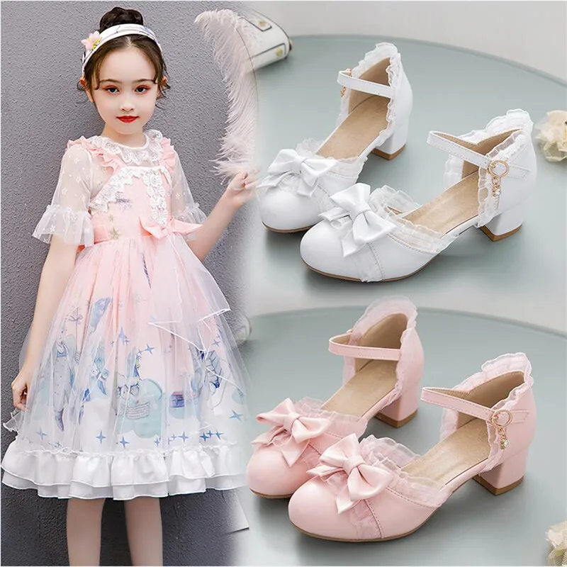 High Heeled Sweet Lolita Gothic Style Cosplay Shoes Girls Lovely Bow Tie Children Pumps Lace Thick Heel  4CM