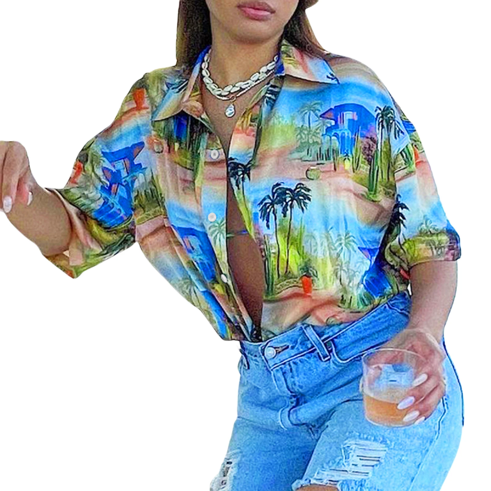 

Женская рубашка на пуговицах с принтом Тропического Дерева