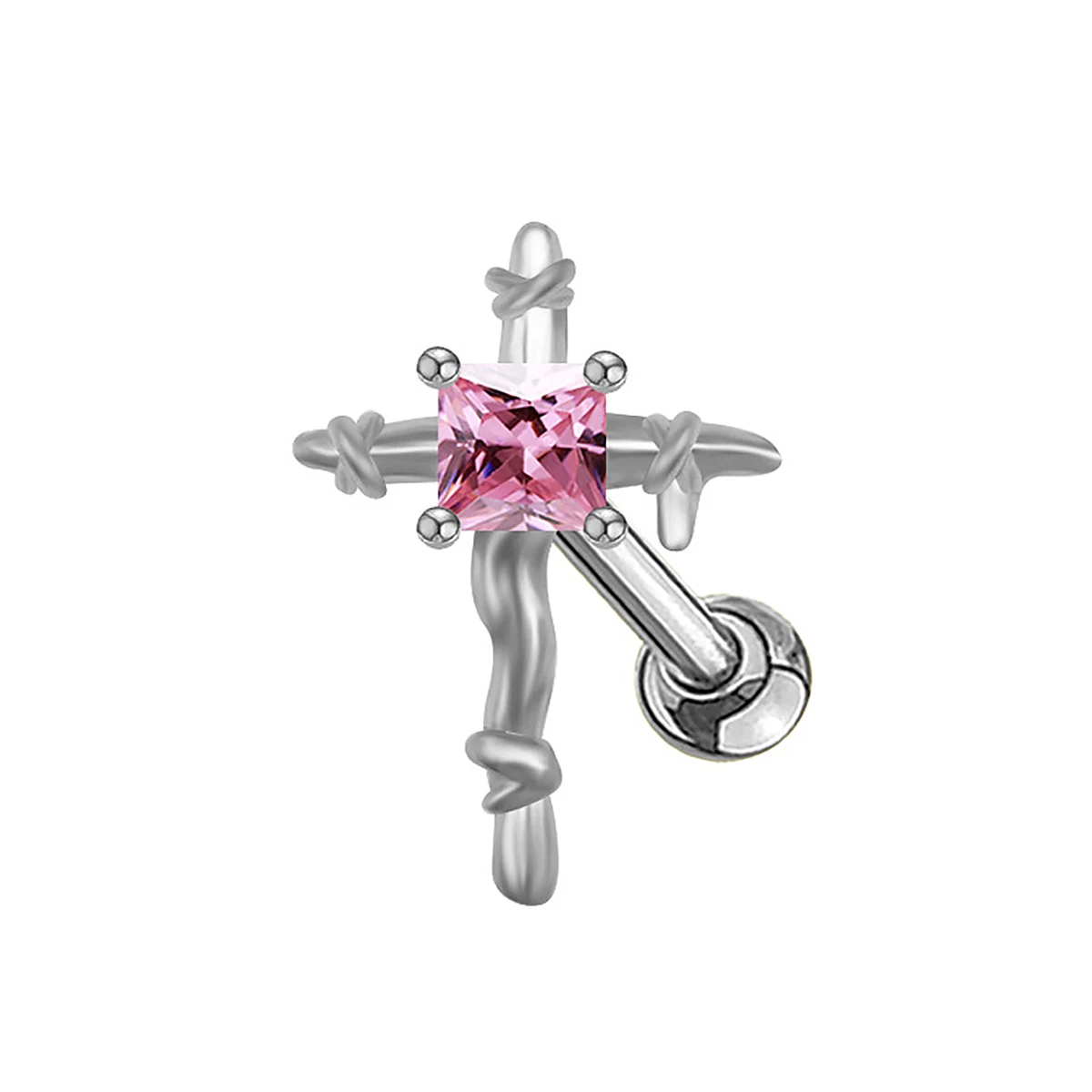 

GSOLD Fashion Alloy Inlay Square Shape Pink Ggemstone Ear Bone Nail For Aesthetics Jewelry Silver Color Cross Stud Earrings