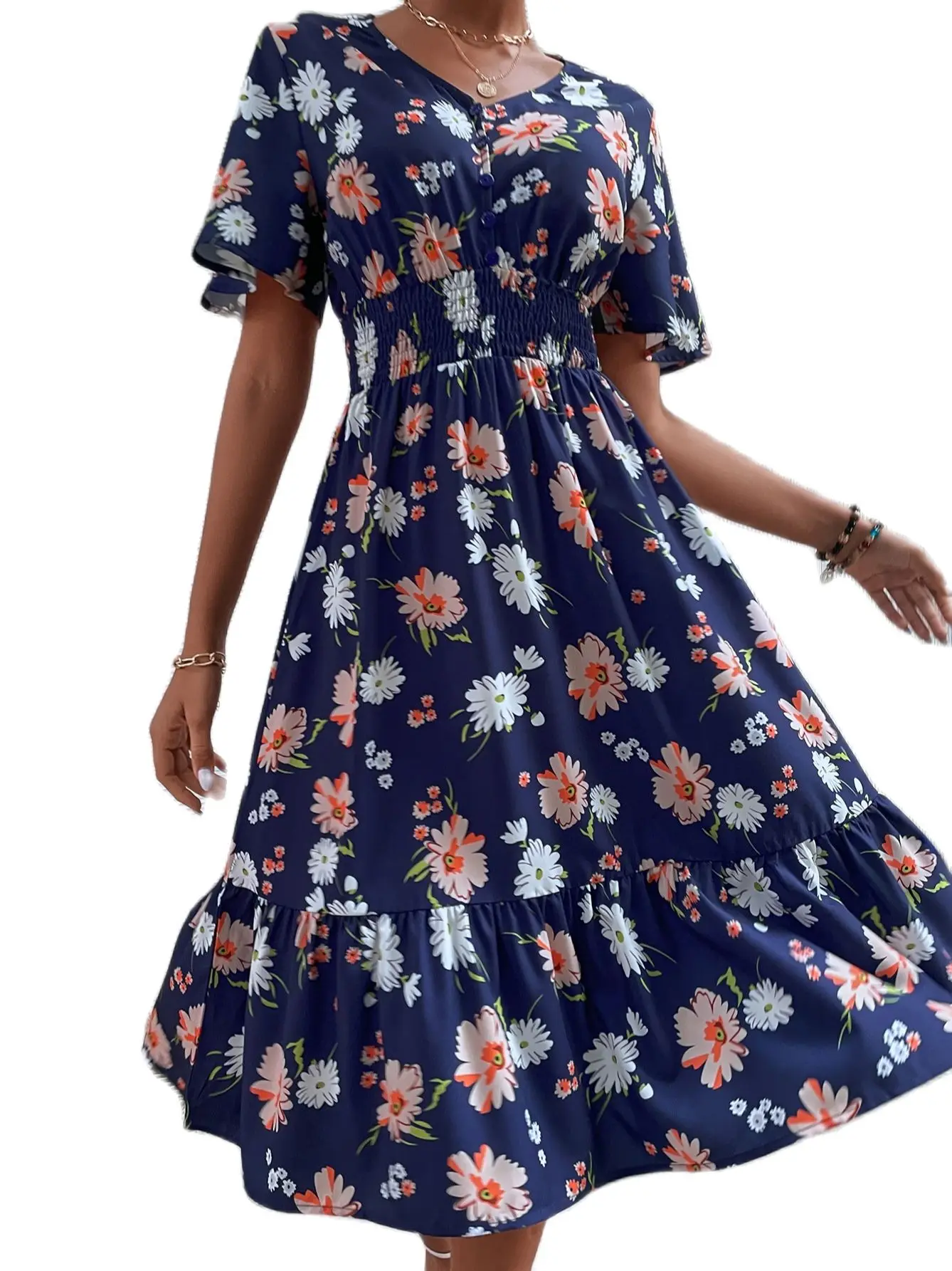 

Summer A-Line Dress Floral Print Blue Quality Knitted fabric cotton Women Casual V-neck Short-sleeved Beach Long Vintage Robe