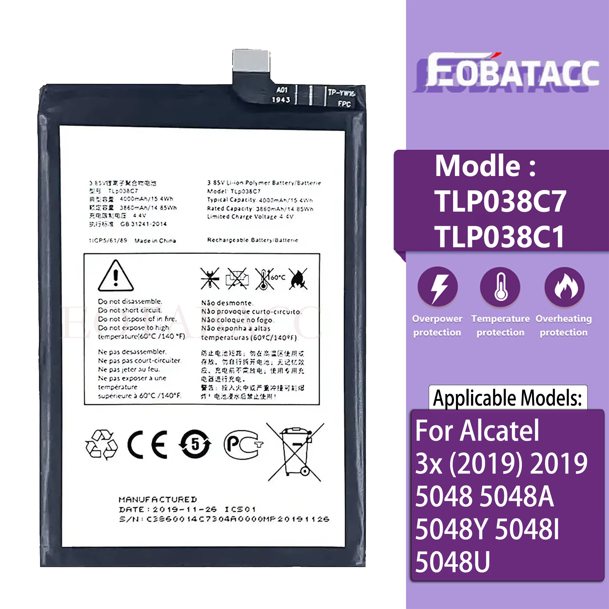 New high capacity 4000mAh TLp038C7 TLp038C1 Battery For Alcatel 3x (2019) 2019 5048 5048A 5048Y 5048I 5048U Cell Phone