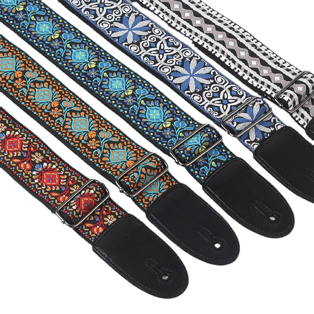 

Guitar Strap Embroidered Belt Adjustable Vintage Jacquard Band With Leather End For Bass Acoustic Guitar Musical Instrument