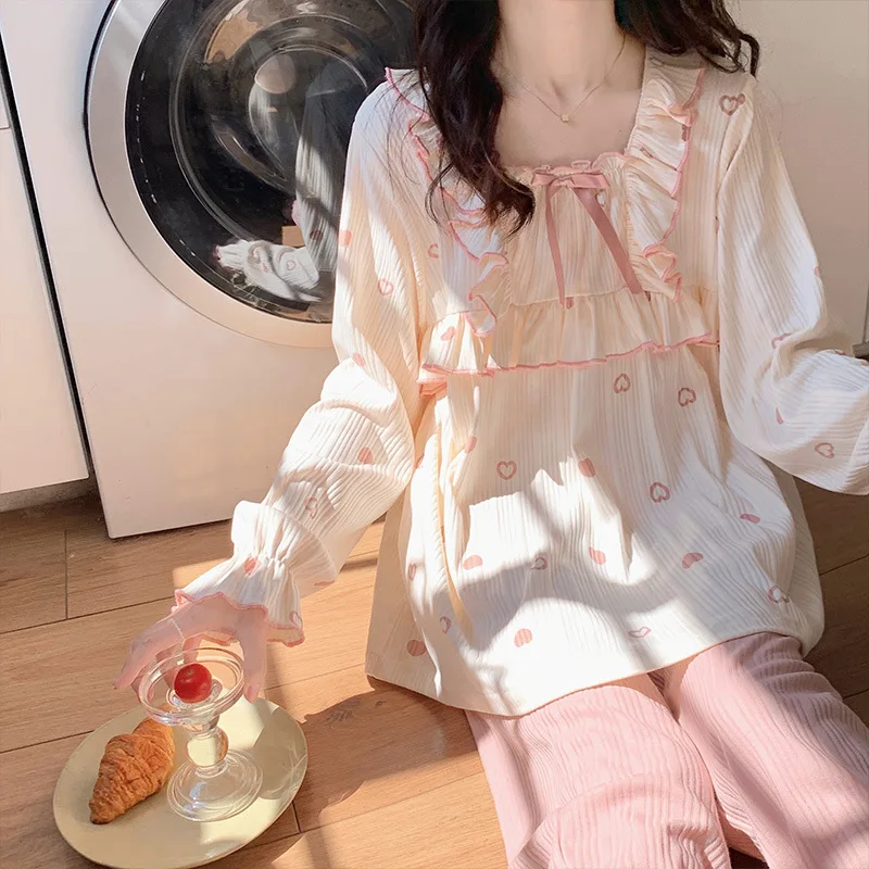 Yasuk Spring Autuum Fashion Women's Casual Sleepwear Homewear Lovely Sweet Girl Pajamas With Pants Soft Plaid Simple Heart Bow