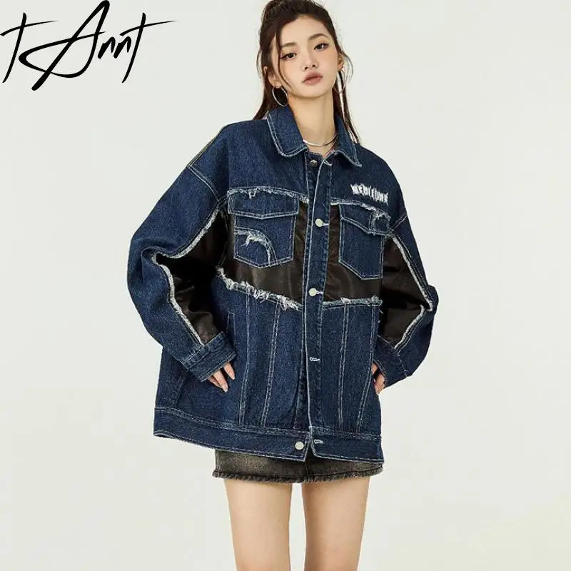 

TANNT Women Coat Jean Irregular Ladies Denim Jackets Asymmetry Pu Leather Patchwork Long Coats And Jackets Women 2023 New