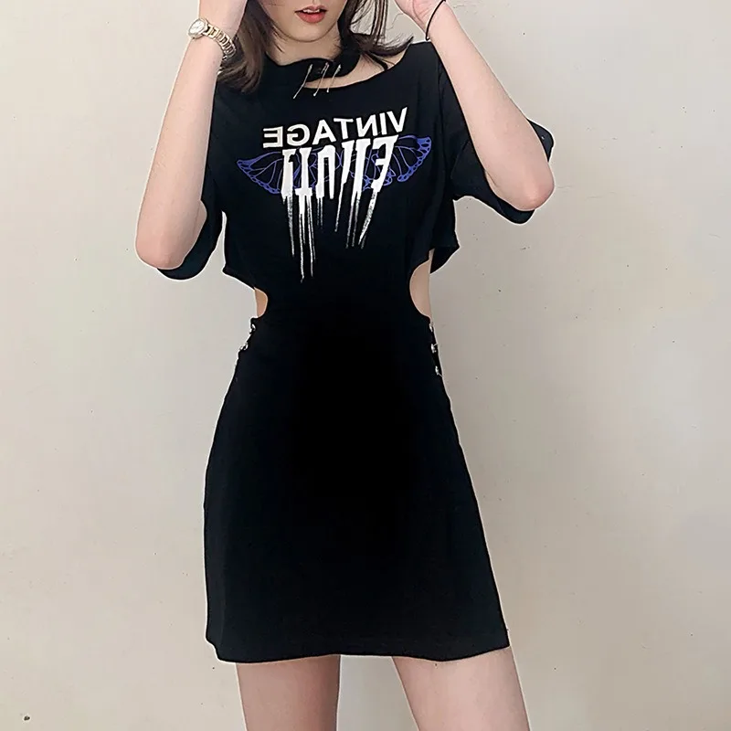 

Sexy Short Sleeve Split Letter Print Hollow Mini Dress Summer Female Fashion Casual Street Wear Cute Solid Color Party Wear