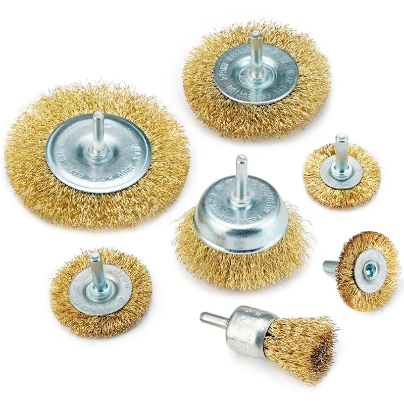 

Wire Brush Wheel Cup Brush Set 7 Piece, Wire Brush For Drill 1/4 Inch Arbor Coarse Brass Coated Crimped Wire Wheel