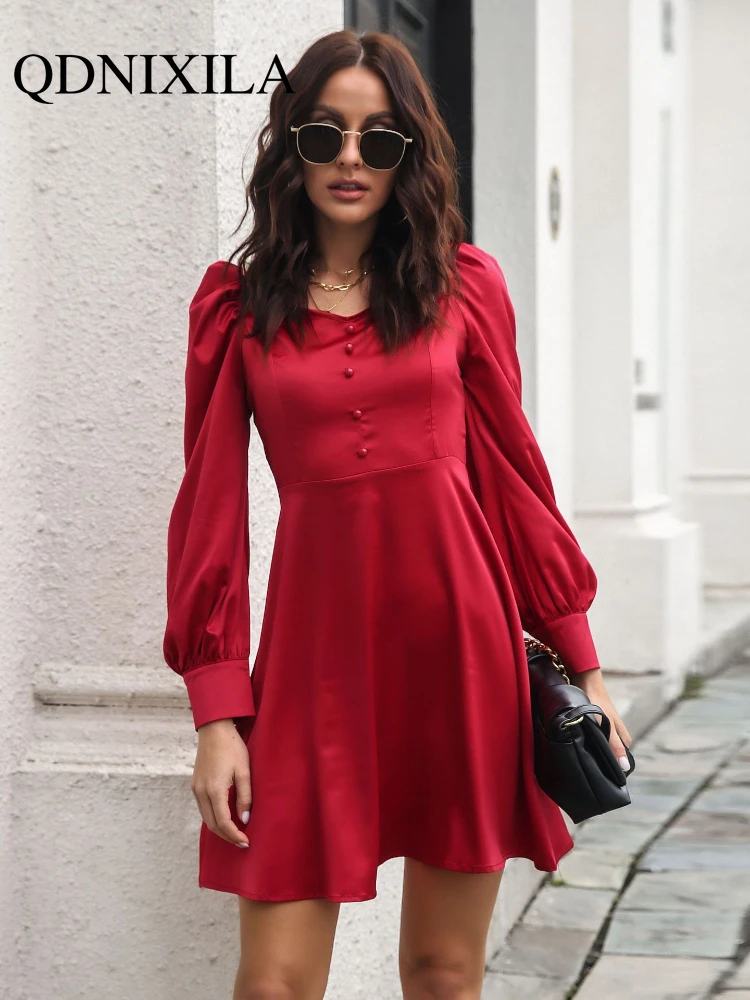 

New Style Satin Word Collar Bubble Sleeve French Long Sleeve Dress Female Dress Dress Red Women Dresses Dresses for Women