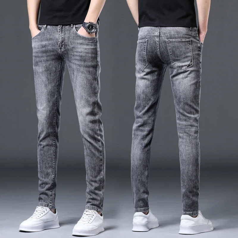 

Джинсы мужские зауженные, брендовые штаны из денима, повседневные Стрейчевые брюки с карманами и надписью, серого цвета, 2022