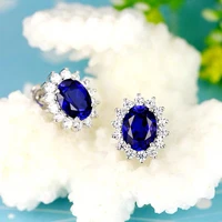 luxury lab sapphire stud earrings original tibetan silver s925 jewelry natural blue zirconia gemstone wedding earrings for women