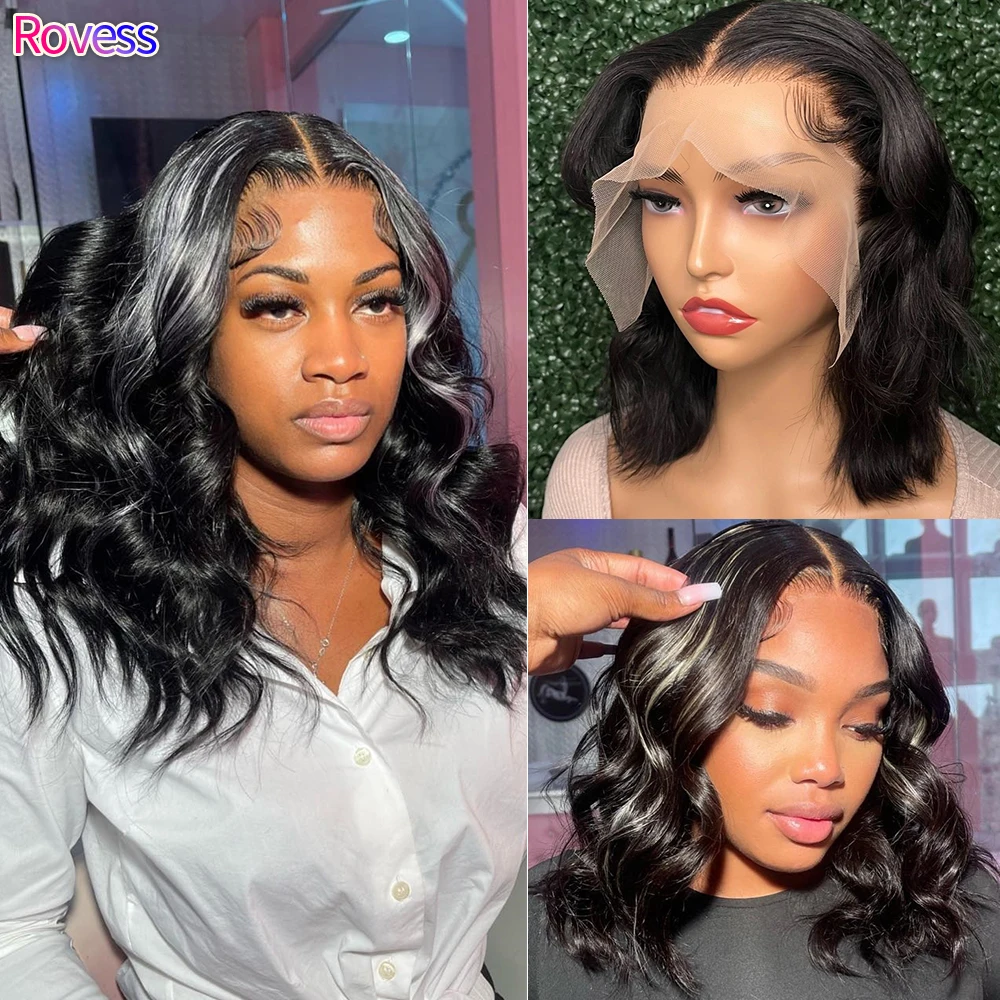 

Rovess Body Wave Short Bob Wigs Brazilian HD 13x4 Transparent Lace Frontal Wig Human Hair Wavy Lace Closure Wigs 180% for Women