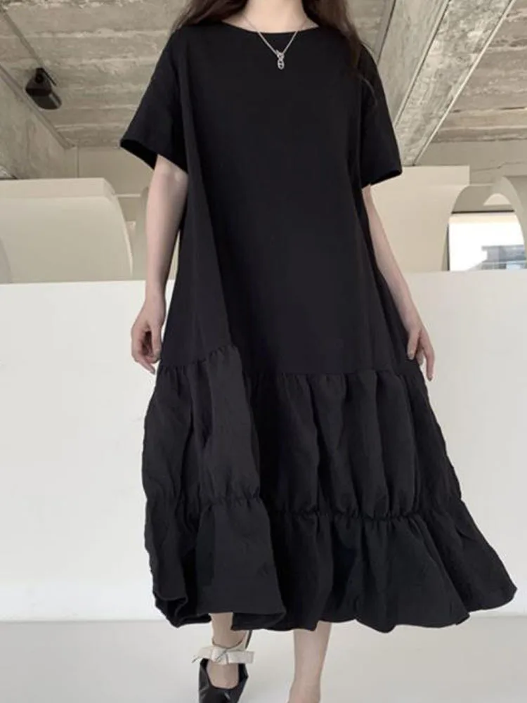 

Women's Large Loose Black Dress Summer 2022 New Japanese Fashion Trend Personalized Stitching Puffy Hem Casual Dress