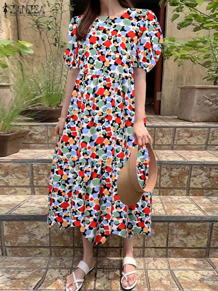 

ZANZEA Square Neck Party Midi Dress Puff Sleeve Holiday Sundress Sweety Pleated Tiered Robe Women Fashion Colorful Print Dress