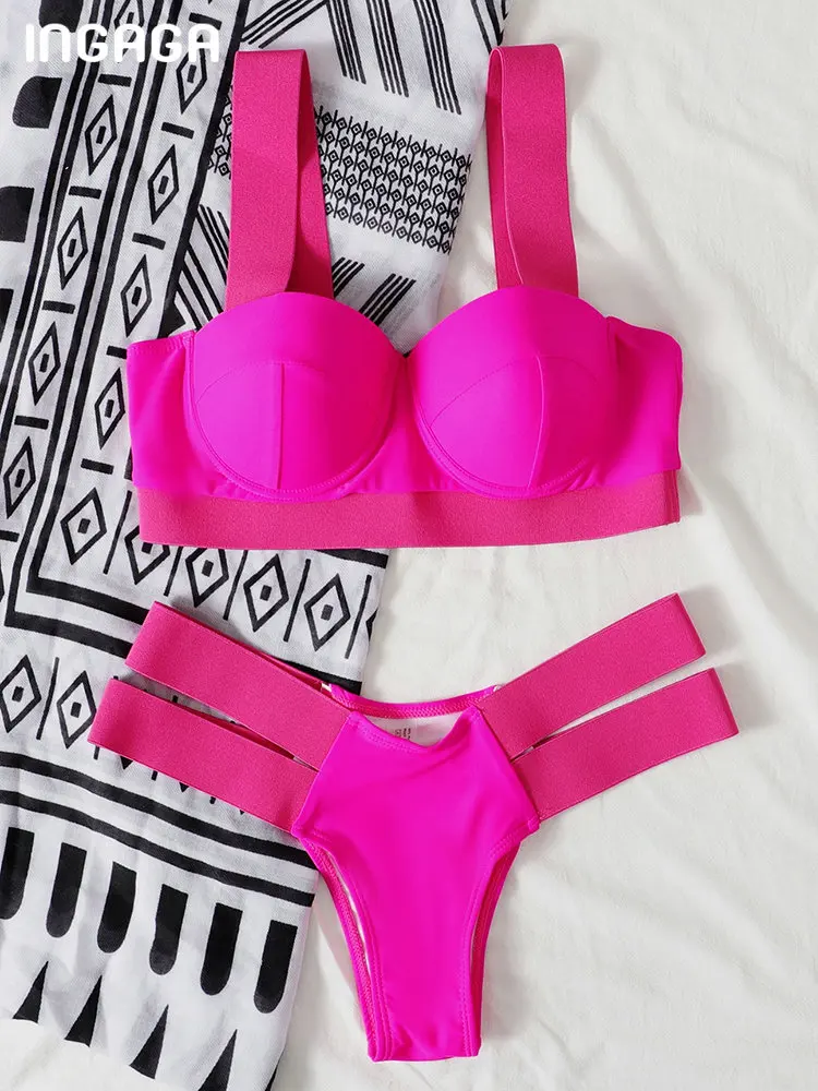 

INGAGA Push Up Sexy Women's Bikinis 2022 Cut Out Swimsuit Patchwork Swimwear Brazilian Thong Biquini Set High Cut Bathing Suit