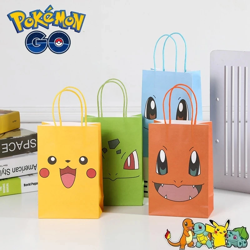 

12Pcs Anime Pokemon Pikachu Squirtle Candy Paper Bag Stand Up Bag Paper Gift Bag Kraft Paper Favor Top Packing Christmas Paper