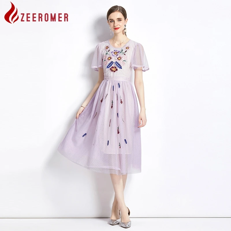 2023 Summer Runway Fashion Flower Embroidery Dress High Quality Women O Neck Butterfly Sleeve Mesh Dot A Line Midi Party Vestido