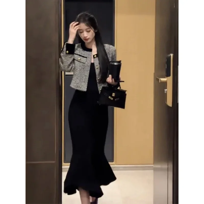 Элегантный женский твидовый костюм во французском стиле комплект платья новинка