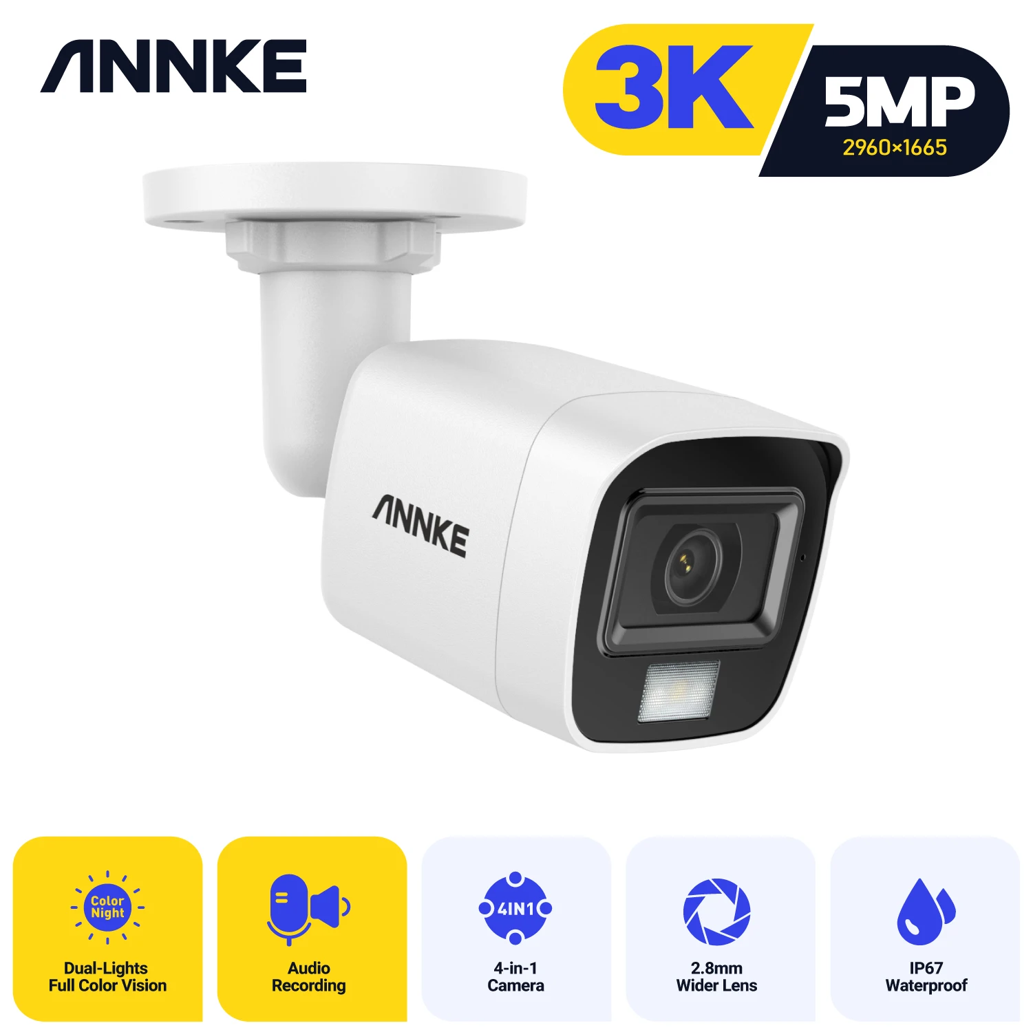 ANNKE 5MP Smart Light Video Surveillance Cameras 5MP Bullet Cameras Audio Recording Outdoor Weatherproof Security Cameras