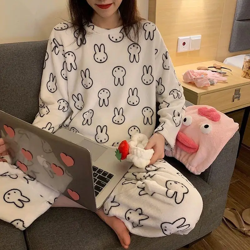 New 2022 Autumn Winter Warm Flannel Women Pyjamas Sets Thick Coral Velvet Long Sleeve Cartoon Sleepwear Girl Flannel Pajamas Set