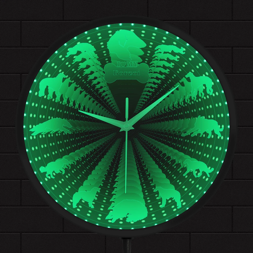 

Borzoi Dog Interstellar Infinity Mirror Wall Clock Russian Wolfhound Canine Puppy Vortex Tunnel Lamp Watch Psovaya Borzaya Gift