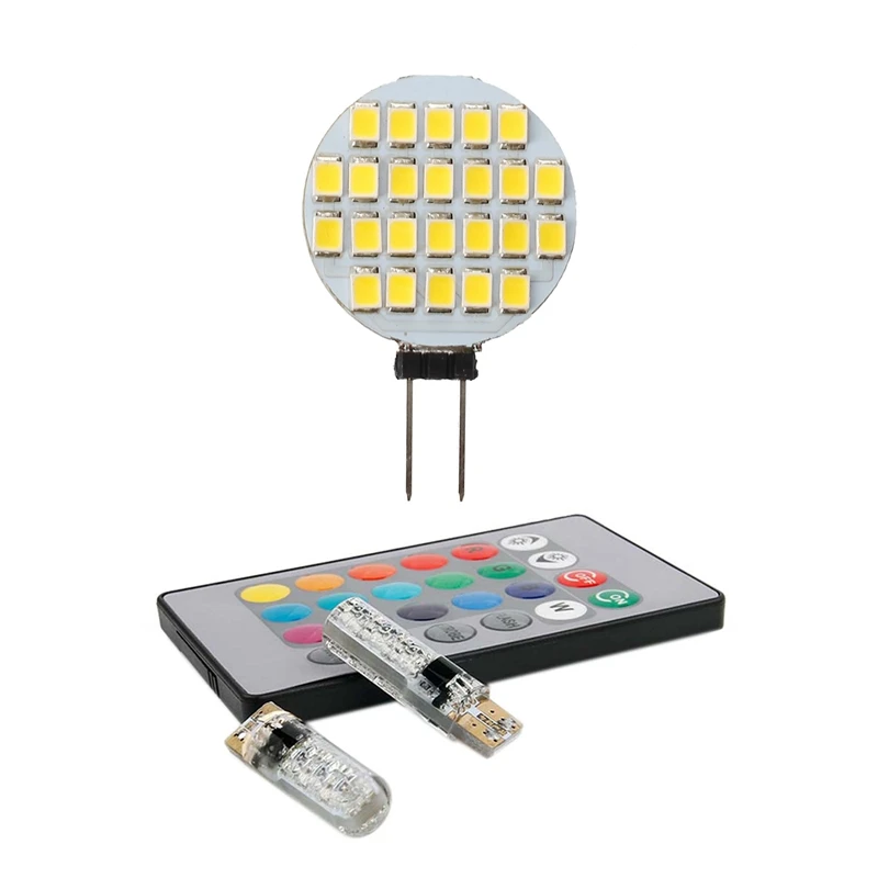 

1X G4 Bulb Spot Lamp Bulb 12V DC 24 LED & 2 PCS T10 5050 6SMD RGB LED Multi Color Light Car Wedge Automotive Bulbs