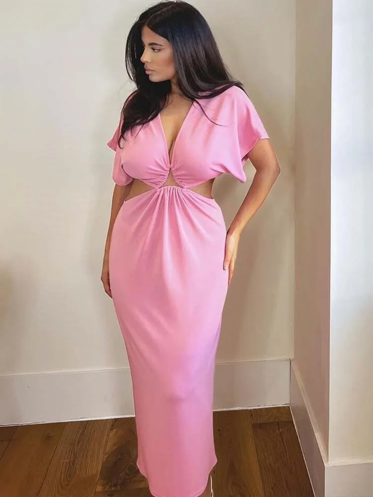 

Элегантные однотонные ажурные Макси-платья, женское сексуальное платье с глубоким V-образным вырезом и коротким рукавом, модное шикарное Плиссированное женское платье для клуба