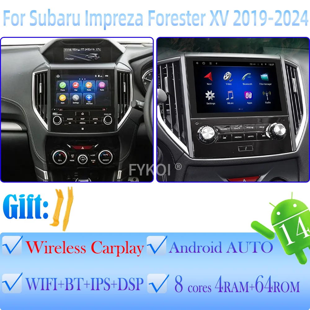 

С портом зарядки Type-C Android 14, для Subaru Impreza Forester XV 2019-2024, автомобильный радиоприемник, мультимедийный плеер, головное устройство 4G CarPlay