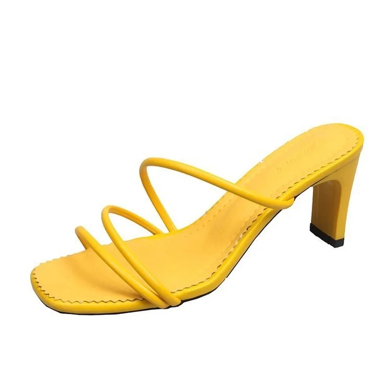 Yellow Fashion Pumps High Heels Shoes for Women Sandals 2022 Summer New Solid Color Square Head Thick Heel Design Women Slipper