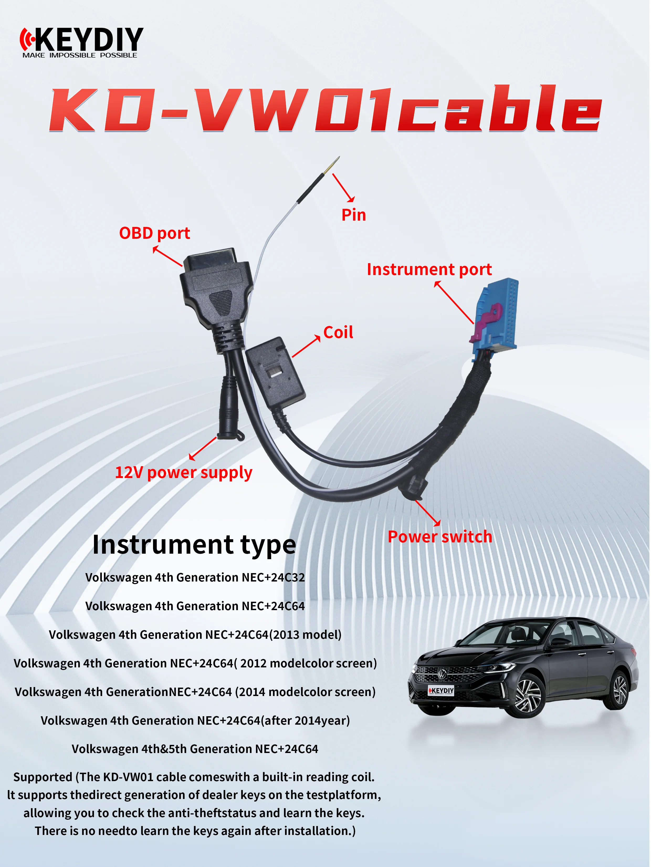 

Для жгута KD-VW01 подходит для проверки жгута проводов четвертого поколения Volkswagen для поколения идентификационного ключа дилера
