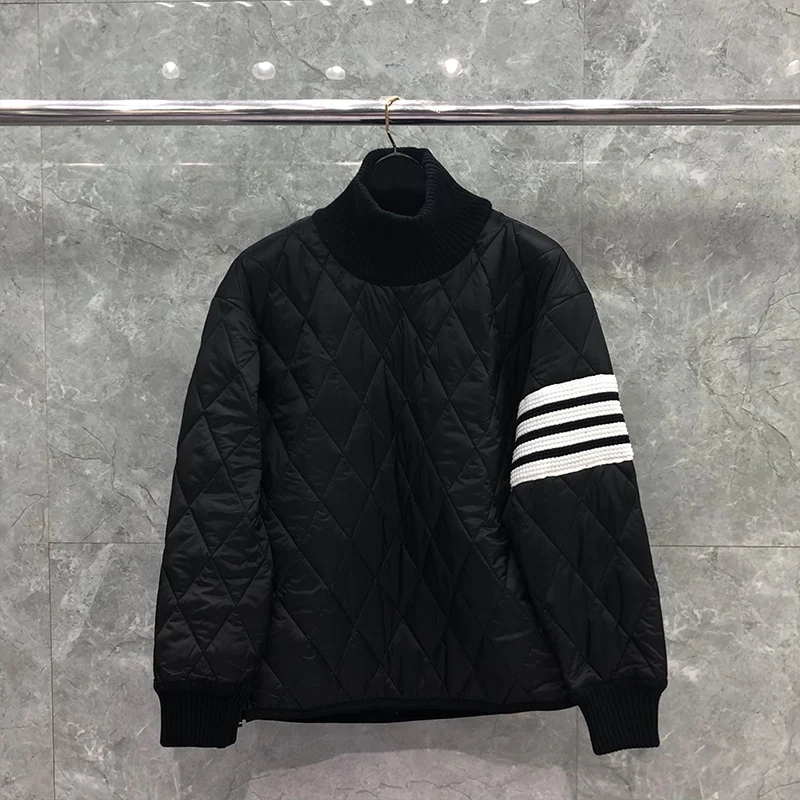 TB TNOM Men's Winter Jacket Fashion Brand Coat White 4-Bar Stripe Diamond LatticeTurtleneck Cotton-Padded Pullovers TB Jackets
