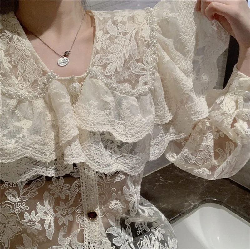 

2021 Spring Ruffles Peter Pan Collar Sexy See Through Lace T-Shirt Fashion Streetwear Tshirt Women Sweet Shirt Lady New Tee Top