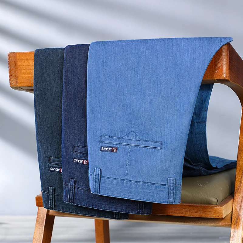 2023 Брендовые мужские прямые легкие хлопковые Стрейчевые джинсы с высокой талией