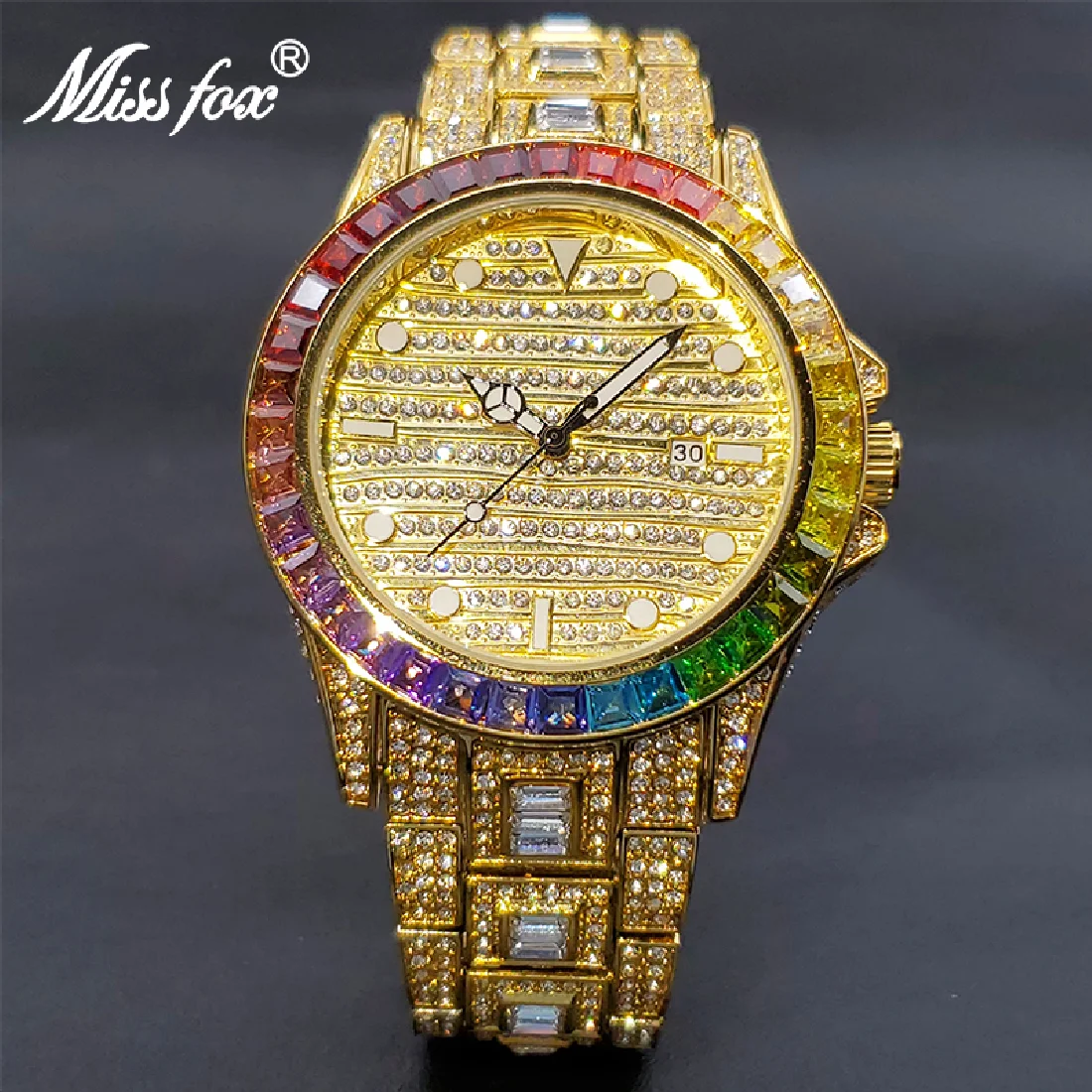 

Men's Watches Luxury Gold Rainbow Diamond Quartz Watch For Man Iceout Bling Bling Hip Hop Arm Clock With Calendar Droshipping