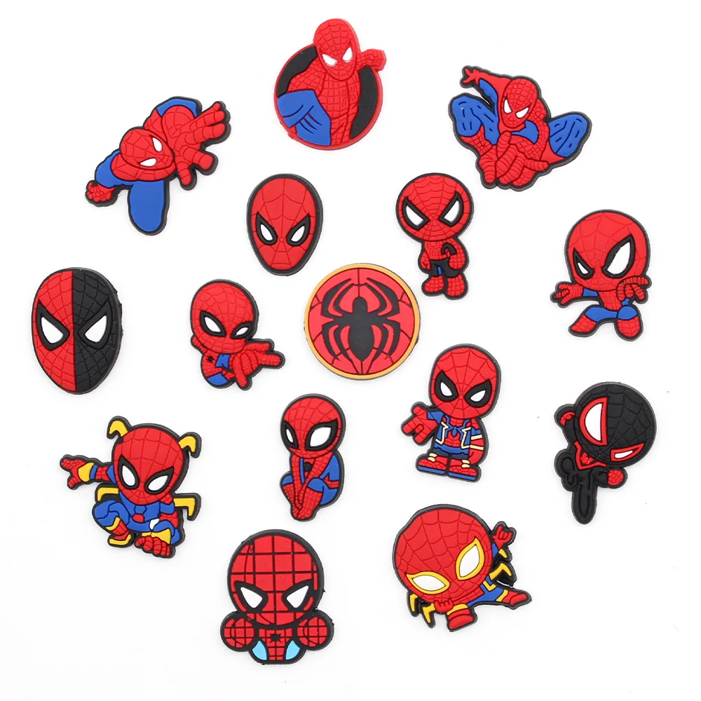 

Cute 1pcs jibz DIY spider Superhero croc shoe charms PVC cartoon Accessories fit clogs sandals Decorate buckle kids party gifts