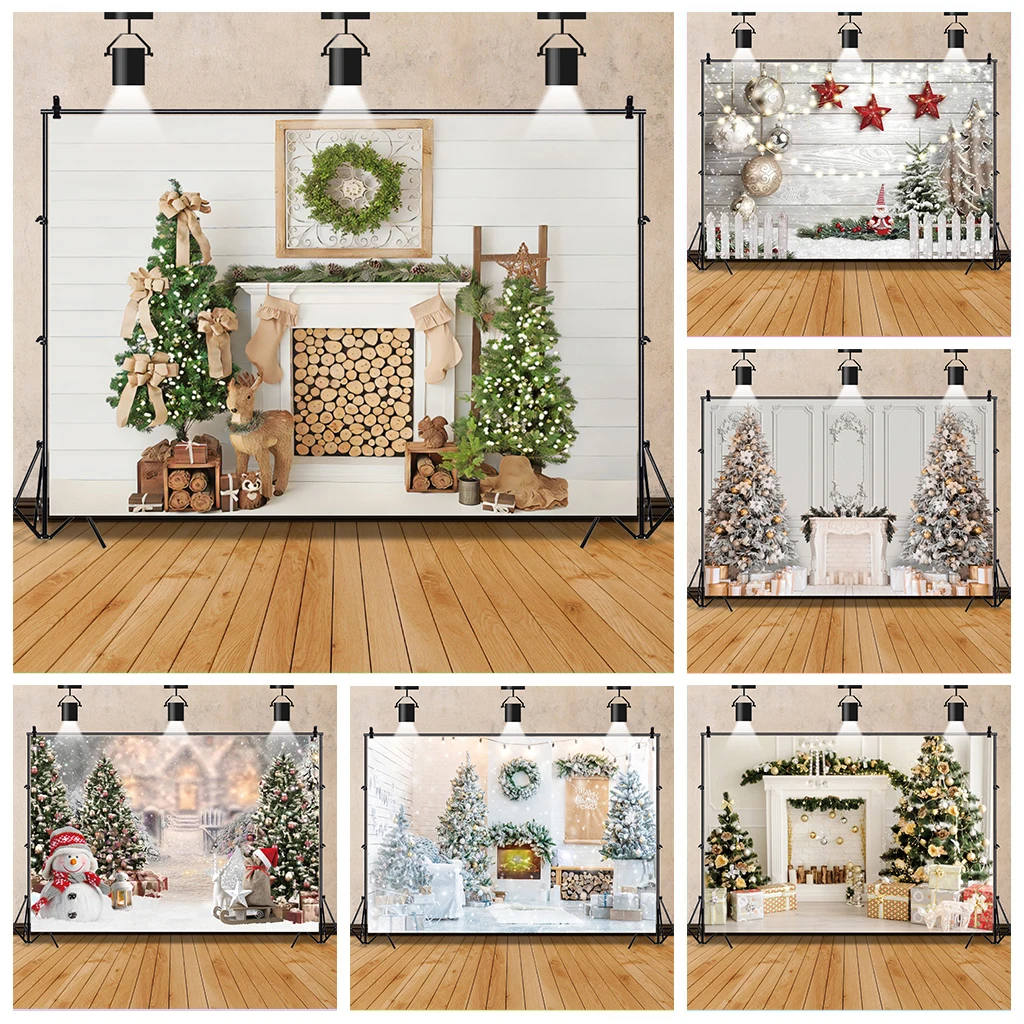 

Wood Fireplace Christmas Backdrop For Photography Winter Snow Scene Baby Party Indoor Portrait Photo Background Xmas Tree Decor