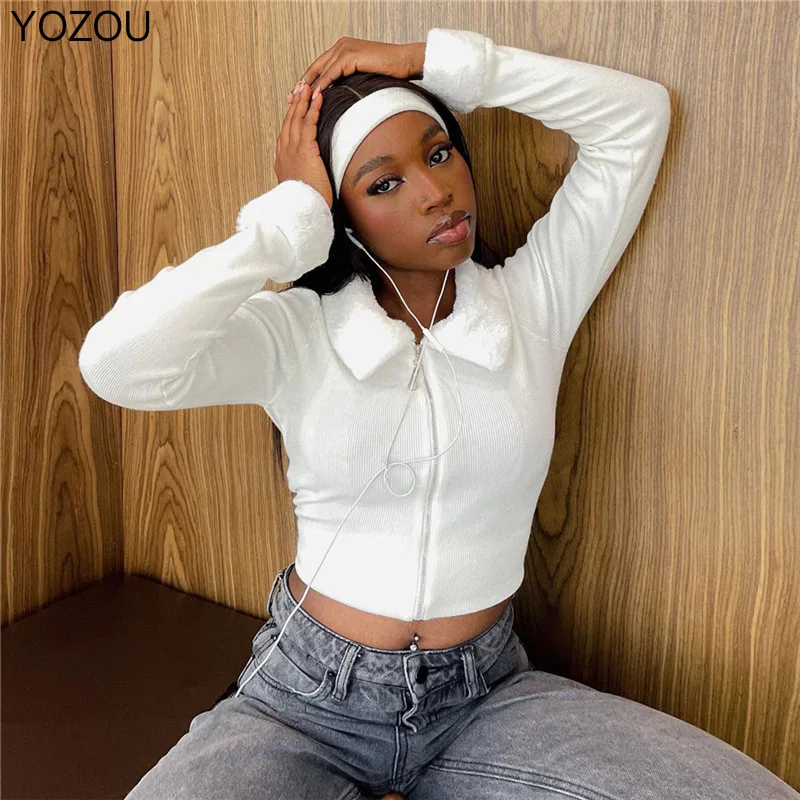 

YOZOU 2022 осенний дизайн Y2k белый укороченный жакет с длинным рукавом шикарный укороченный топ на молнии Футболка женская уличный кардиган для девушек