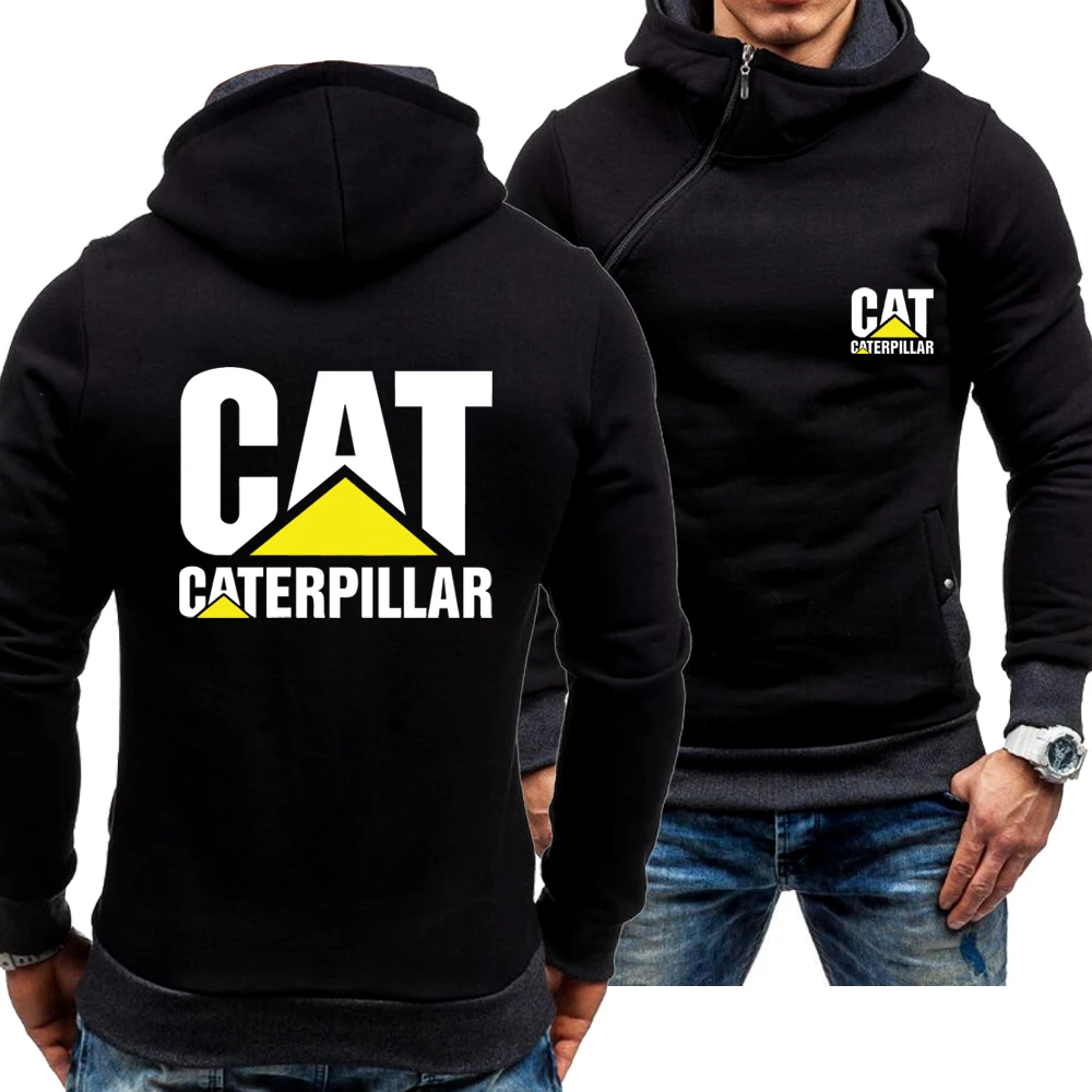 

New Men's Casual Spring Autumn Hoodie CAT Caterpillar Logo Skew Zipper Long Sleeve Fashion Zip Hoody Sweatshirt 4 Colors