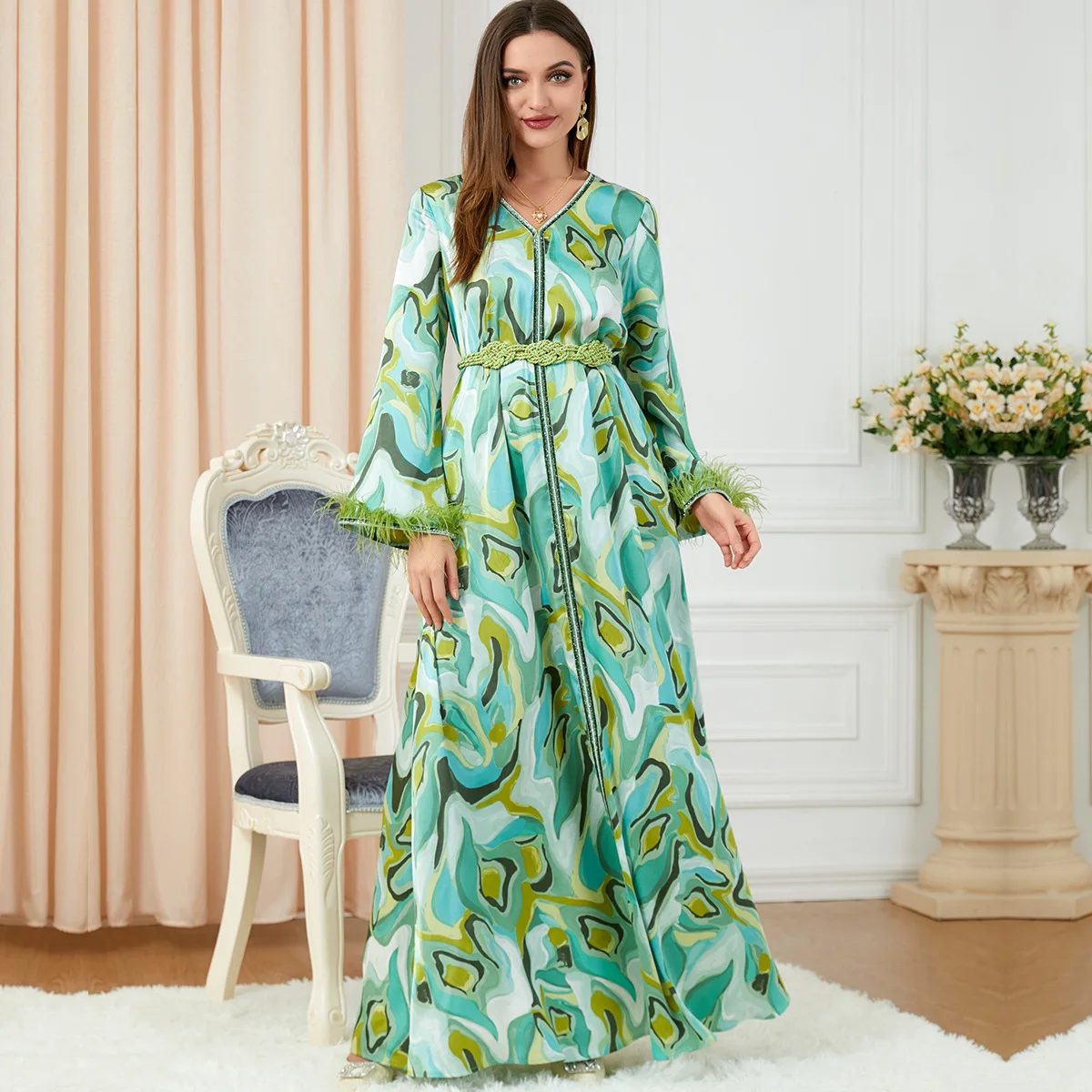 Women Spring and Summer Camouflage Green Feather Sleeve Long Skirt Turkish Indian Abaya Arab Islamic Women Moroccan Kraftan Gown