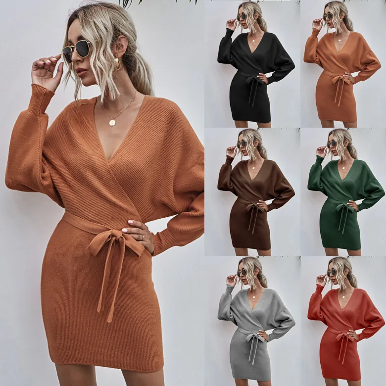 

Autumn Winters fashion Women's Sweaters V-neck Long Sleeve Knit Dress
